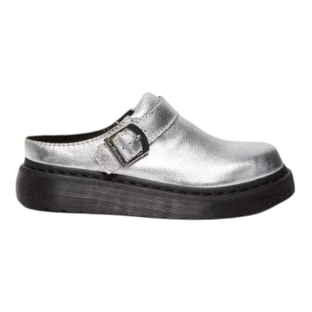 Dr. Martens Metallic Silver Mules with Black Sole